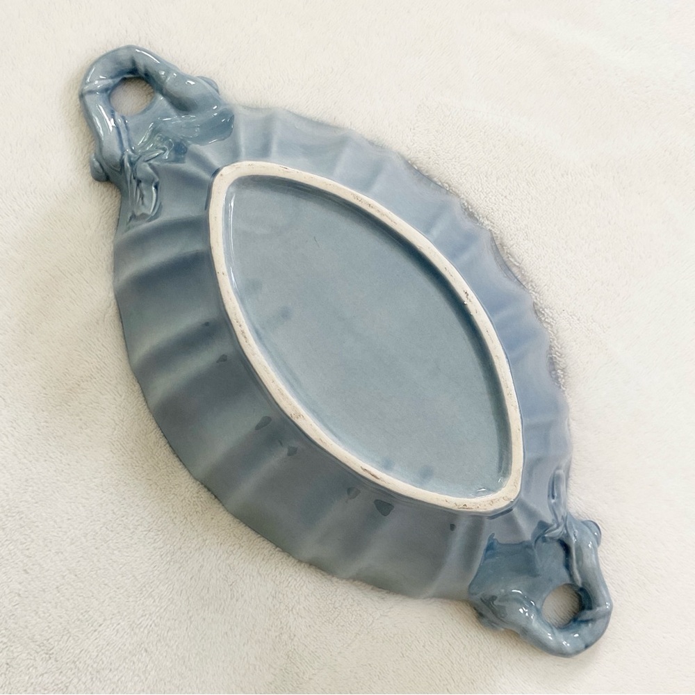 Vintage Blue Glazed Ceramic Centerpiece Bowl Leaf Handle MCM Console Bowl - Picture 7 of 16